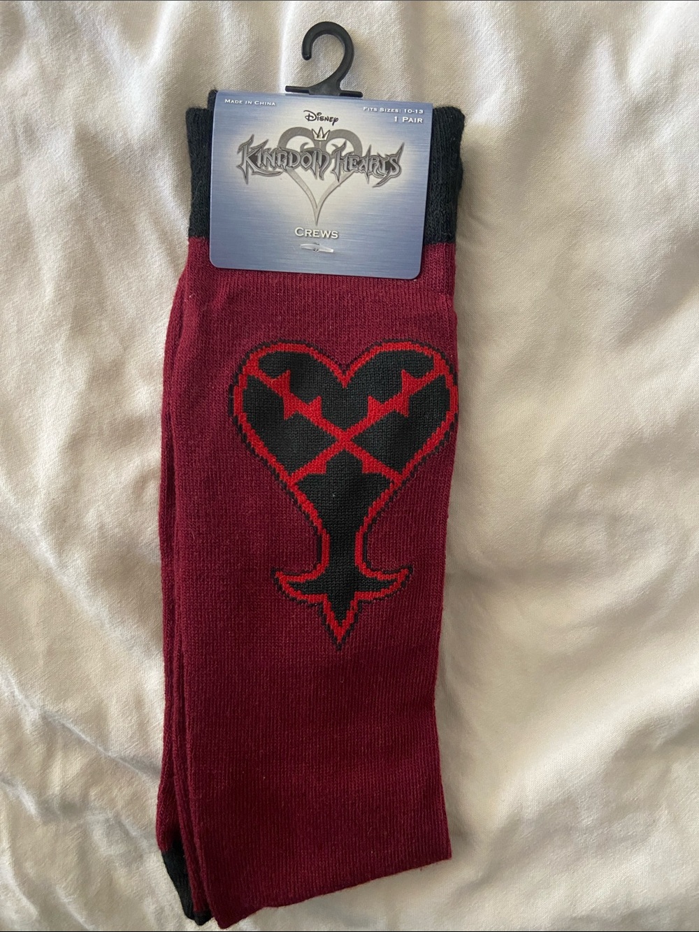 Disney Men's Kingdom Hearts Crew Socks - Burgundy with Black & Red Heart Emblem